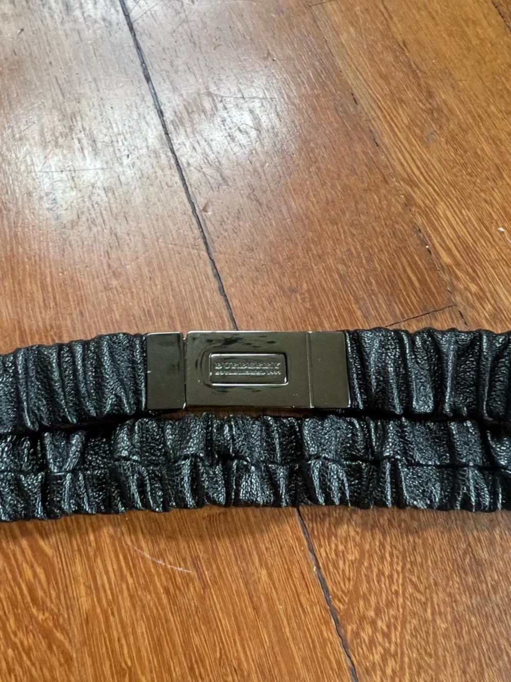 Vintage Burberry Black Gathered Leather Belt with Gunmetal Plaque Buckle